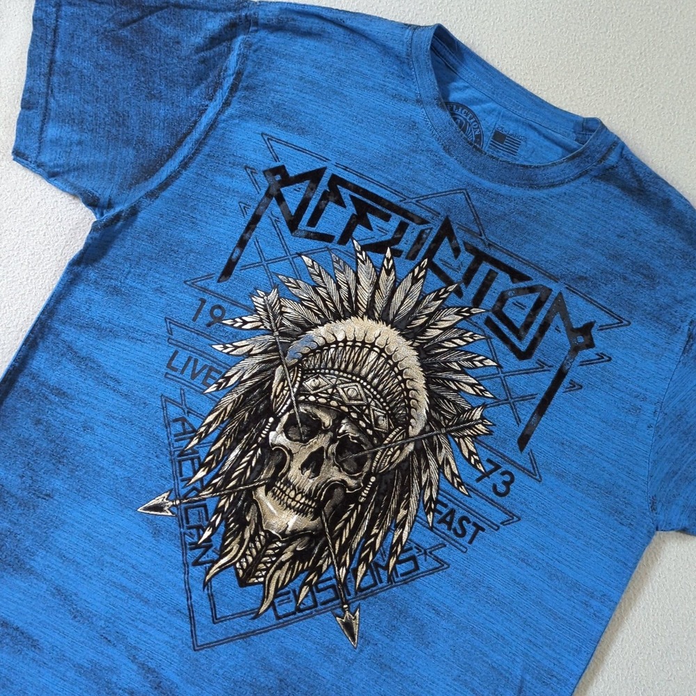 Affliction T-Shirt Mens 2XL Blue American Customs Skull Headdress Graphic Tee